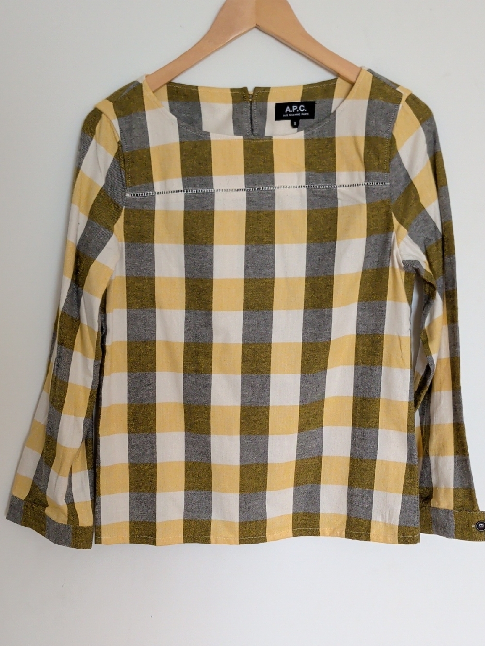 A.P.C. Yellow Gray and White Checked Cotton Blouse